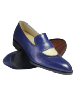 Handmade Blue & White Genuine Calf Leather Loafers – Stylish Split Toe Slip-On Dress Shoes for Men - Image 4