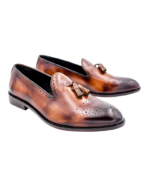 Handmade Tan Brown Color Genuine Calf Leather Stylish Loafers Brogue Toe Slip-On Hand Painted Dress Shoes - Image 4