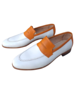 Handmade Tan & White Color Genuine Calf Leather Stylish Loafers Apron Toe Slip-On Dress Shoes - Image 6