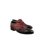 Handcrafted Black & Burgundy Crocodile Textured Leather Wing Tip Brogue Oxford Shoes | Elegant Hand-Painted Men's Lace-Up Dress Footwear