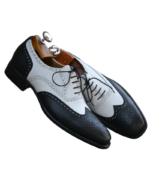 Handcrafted White & Black Leather Wing Tip Brogue Oxford Shoes | Elegant Men's Two-Tone Lace-Up Dress Footwear - Image 4