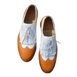 Handmade White & Tan Color Genuine Leather Lace Up Hand Painted Fringed Leather Wing Tip Brogue's Oxfords Dress Shoes