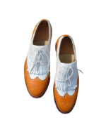 Handmade White & Tan Color Genuine Leather Lace Up Hand Painted Fringed Leather Wing Tip Brogue's Oxfords Dress Shoes