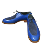Handcrafted Blue & Black Leather & Suede Fringed Oxford Shoes | Elegant Hand-Painted Men's Lace-Up Dress Footwear - Image 4
