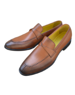 Handmade Tan Brown Color Original Calf Leather Scissor Cut Butterfly Loafers Slip-On Dress Shoes - Image 5