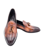 Handmade Tan Brown Color Genuine Calf Leather Stylish Loafers Brogue Toe Slip-On Hand Painted Dress Shoes - Image 5