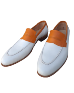 Handmade Tan & White Color Genuine Calf Leather Stylish Loafers Apron Toe Slip-On Dress Shoes - Image 5