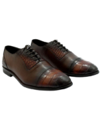 Handcrafted Chocolate Brown Alligator Textured Leather Cap Toe Oxford Shoes | Elegant Men's Lace-Up Dress Footwear - Image 3