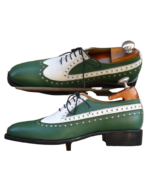 Handcrafted White & Green Leather Wing Tip Brogue Oxford Shoes | Elegant Men's Two-Tone Lace-Up Dress Footwear - Image 5