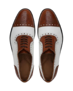 Handcrafted Brown & White Leather Oxford Cap Toe Brogues | Elegant Men's Two-Tone Lace-Up Dress Shoes - Image 4