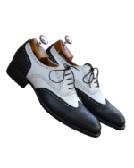 Handcrafted White & Black Leather Wing Tip Brogue Oxford Shoes | Elegant Men's Two-Tone Lace-Up Dress Footwear - Image 5