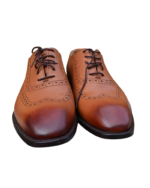 Handcrafted Tan Leather Wing Tip Oxford Shoes | Elegant Hand-Painted Men's Lace-Up Dress Footwear - Image 2