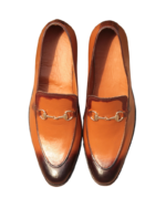 Handmade Tan Color Genuine Calf Leather Horse Bit Stylish Loafers Hand Painted Slip-On Dress Shoes - Image 6