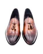 Handmade Tan Brown Color Genuine Calf Leather Stylish Loafers Brogue Toe Slip-On Hand Painted Dress Shoes - Image 2