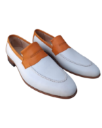 Handmade Tan & White Color Genuine Calf Leather Stylish Loafers Apron Toe Slip-On Dress Shoes - Image 4