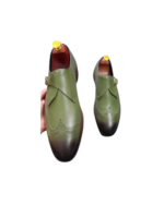 Premium Handmade Leather Wing Tip Shoes – Green Lace-Up with Leather Sole for Men | Size 7-14 - Image 4