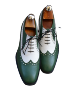 Handcrafted White & Green Leather Wing Tip Brogue Oxford Shoes | Elegant Men's Two-Tone Lace-Up Dress Footwear - Image 6