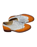 Handmade White & Tan Color Genuine Leather Lace Up Hand Painted Fringed Leather Wing Tip Brogue's Oxfords Dress Shoes - Image 5