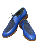 Handcrafted Blue & Black Leather & Suede Fringed Oxford Shoes | Elegant Hand-Painted Men's Lace-Up Dress Footwear - Image 2