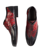 Handcrafted Black & Burgundy Crocodile Textured Leather Wing Tip Brogue Oxford Shoes | Elegant Hand-Painted Men's Lace-Up Dress Footwear - Image 3