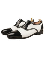 Handcrafted White & Black Leather Cap Toe Oxford Shoes | Elegant Men's Lace-Up Dress Footwear - Image 6
