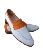 Handmade Tan & White Color Genuine Calf Leather Stylish Loafers Apron Toe Slip-On Dress Shoes - Image 3