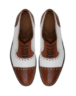 Handcrafted Brown & White Leather Oxford Cap Toe Brogues | Elegant Men's Two-Tone Lace-Up Dress Shoes - Image 5