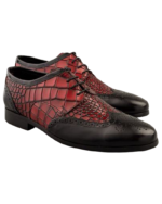 Handcrafted Black & Burgundy Crocodile Textured Leather Wing Tip Brogue Oxford Shoes | Elegant Hand-Painted Men's Lace-Up Dress Footwear - Image 4