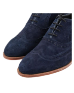 Handcrafted Navy Blue Suede Wing Tip Brogue Shoes | Elegant Men's Lace-Up Dress Footwear - Image 5