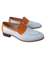 Handmade Tan & White Color Genuine Calf Leather Stylish Loafers Apron Toe Slip-On Dress Shoes - Image 2