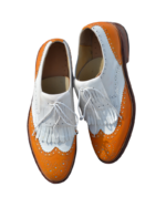 Handmade White & Tan Color Genuine Leather Lace Up Hand Painted Fringed Leather Wing Tip Brogue's Oxfords Dress Shoes - Image 6