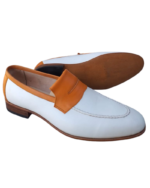 Handmade Tan & White Color Genuine Calf Leather Stylish Loafers Apron Toe Slip-On Dress Shoes - Image 9