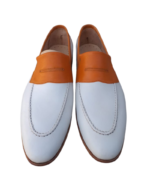 Handmade Tan & White Color Genuine Calf Leather Stylish Loafers Apron Toe Slip-On Dress Shoes - Image 8