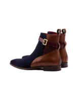Handmade Brown & Navy Blue Color Genuine Leather & Suede Stylish Rounded Strap Jodhpurs Dress Boots