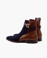 Handmade Brown & Navy Blue Color Genuine Leather & Suede Stylish Rounded Strap Jodhpurs Dress Boots - Image 6
