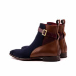 Handmade Brown & Navy Blue Color Genuine Leather & Suede Stylish Rounded Strap Jodhpurs Dress Boots - Image 4