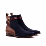 Handmade Brown & Navy Blue Color Genuine Leather & Suede Stylish Rounded Strap Jodhpurs Dress Boots - Image 5