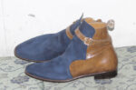 Handmade Brown & Navy Blue Color Genuine Leather & Suede Stylish Rounded Strap Jodhpurs Dress Boots - Image 2