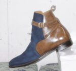 Handmade Brown & Navy Blue Color Genuine Leather & Suede Stylish Rounded Strap Jodhpurs Dress Boots - Image 3