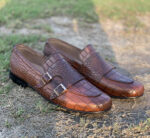 Handmade Brown Color Genuine Alligator Textured Leather Belgian Monk Strap Hand Painted Shoes - Image 3