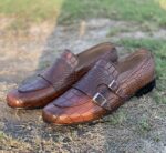 Handmade Brown Color Genuine Alligator Textured Leather Belgian Monk Strap Hand Painted Shoes - Image 5