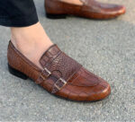 Handmade Brown Color Genuine Alligator Textured Leather Belgian Monk Strap Hand Painted Shoes - Image 2