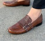 Handmade Brown Color Genuine Alligator Textured Leather Belgian Monk Strap Hand Painted Shoes - Image 4