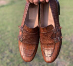 Handmade Brown Color Genuine Alligator Textured Leather Belgian Monk Strap Hand Painted Shoes - Image 6