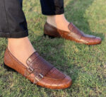 Handmade Brown Color Genuine Alligator Textured Leather Belgian Monk Strap Hand Painted Shoes - Image 7