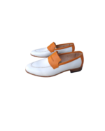 Handmade Tan & White Color Genuine Calf Leather Stylish Loafers Apron Toe Slip-On Dress Shoes