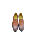 Handmade Tan Brown Color Original Calf Leather Scissor Cut Butterfly Loafers Slip-On Dress Shoes