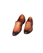 Handmade Tan Color Genuine Calf Leather Horse Bit Stylish Loafers Hand Painted Slip-On Dress Shoes