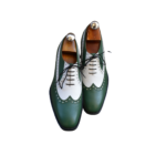 Handcrafted White & Green Leather Wing Tip Brogue Oxford Shoes | Elegant Men's Two-Tone Lace-Up Dress Footwear