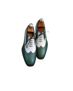 Handcrafted White & Green Leather Wing Tip Brogue Oxford Shoes | Elegant Men's Two-Tone Lace-Up Dress Footwear
